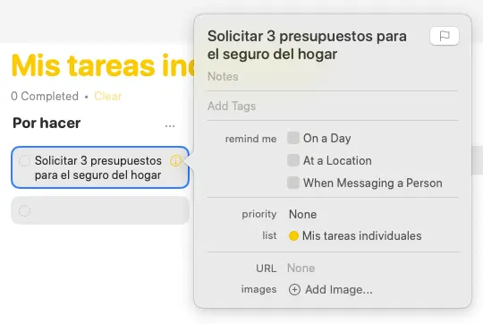 Detalles tarea Recordatorio Apple